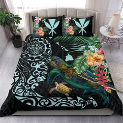 Hawaii Tiki Polynesian Bedding Set - Turtle Mix Hibiscus Cyan K4