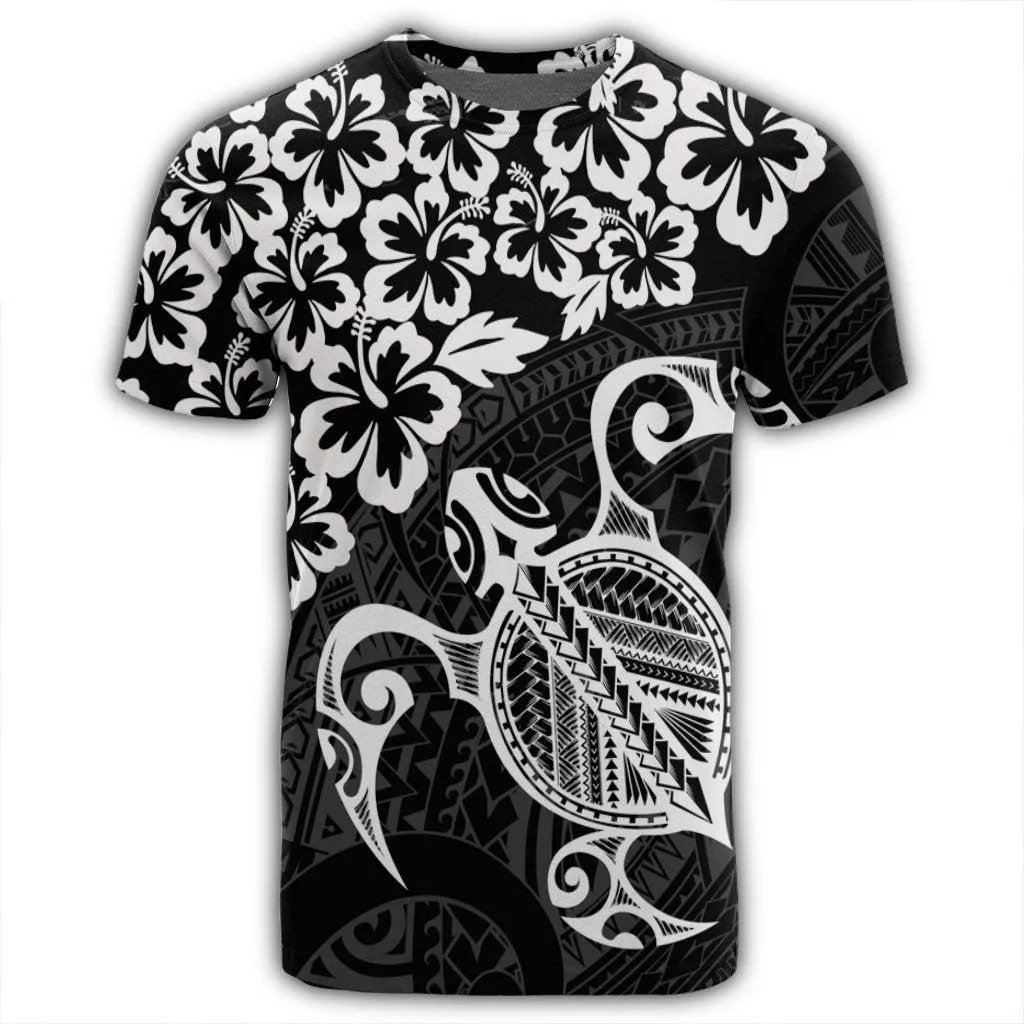 Hawaiian Map Turtle Hibiscus Kanaka Polynesian T-Shirt - White - AH