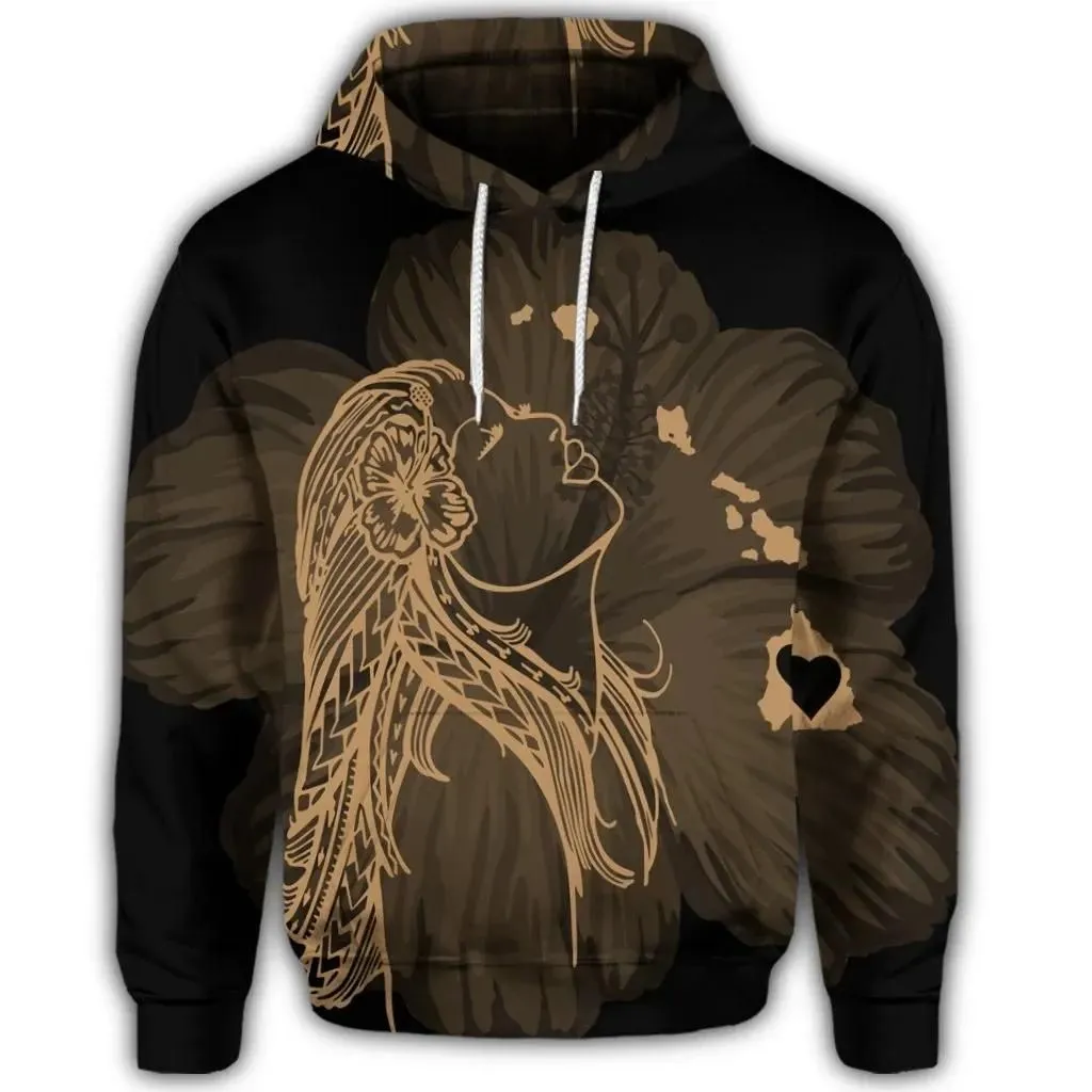 Alohawaii Hoodie - Hawaiian Map Heart Hula Girl Hibiscus Gold Polynesian Hoodie - AH - J4R