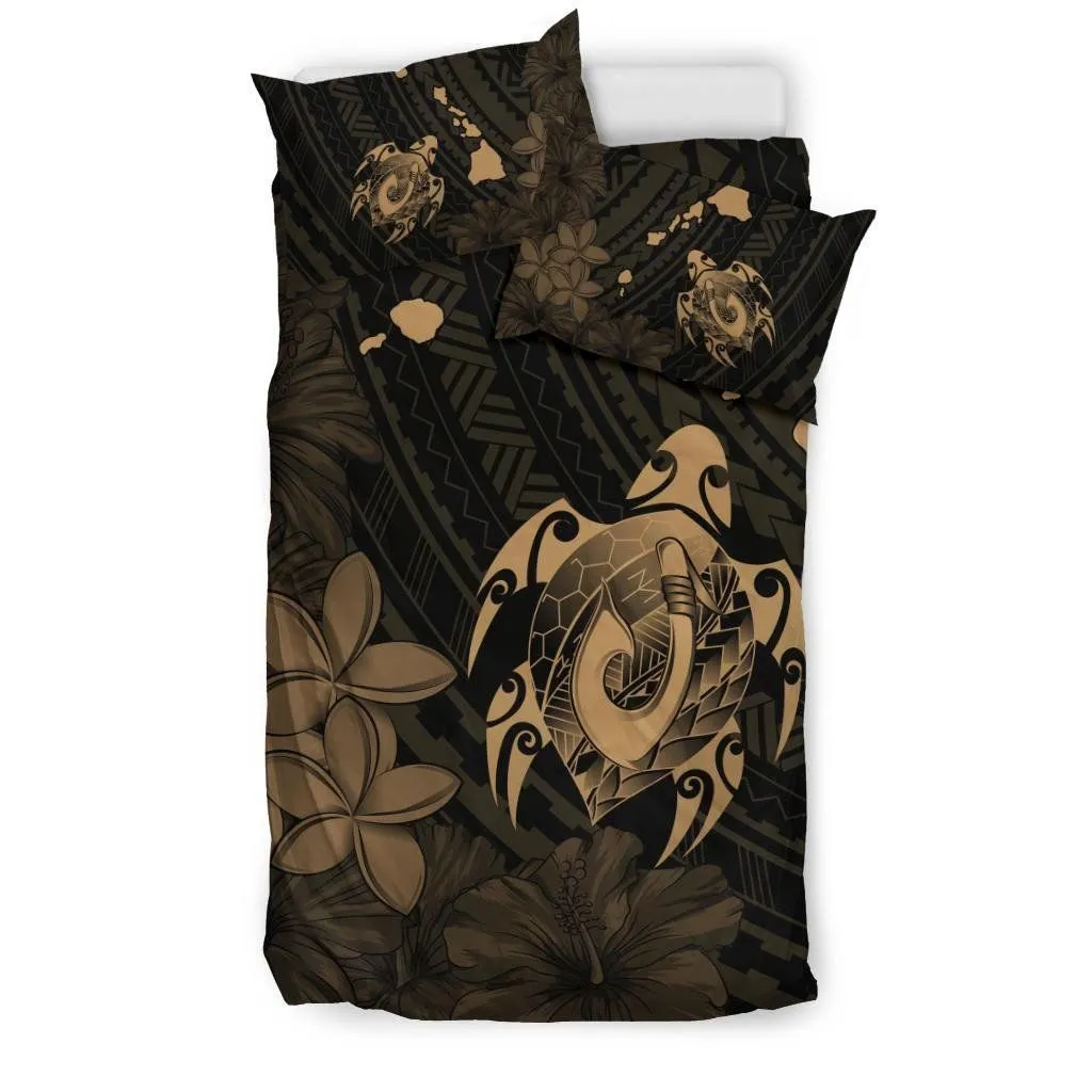 Hawaiian Map Turtle Plumeria Hibiscus Fish Hook Polynesian Bedding Set Gold - AH - J5