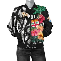 Fiji Women's Bomber Jacket Coat Of Arms Polynesian With Hibiscus TH5