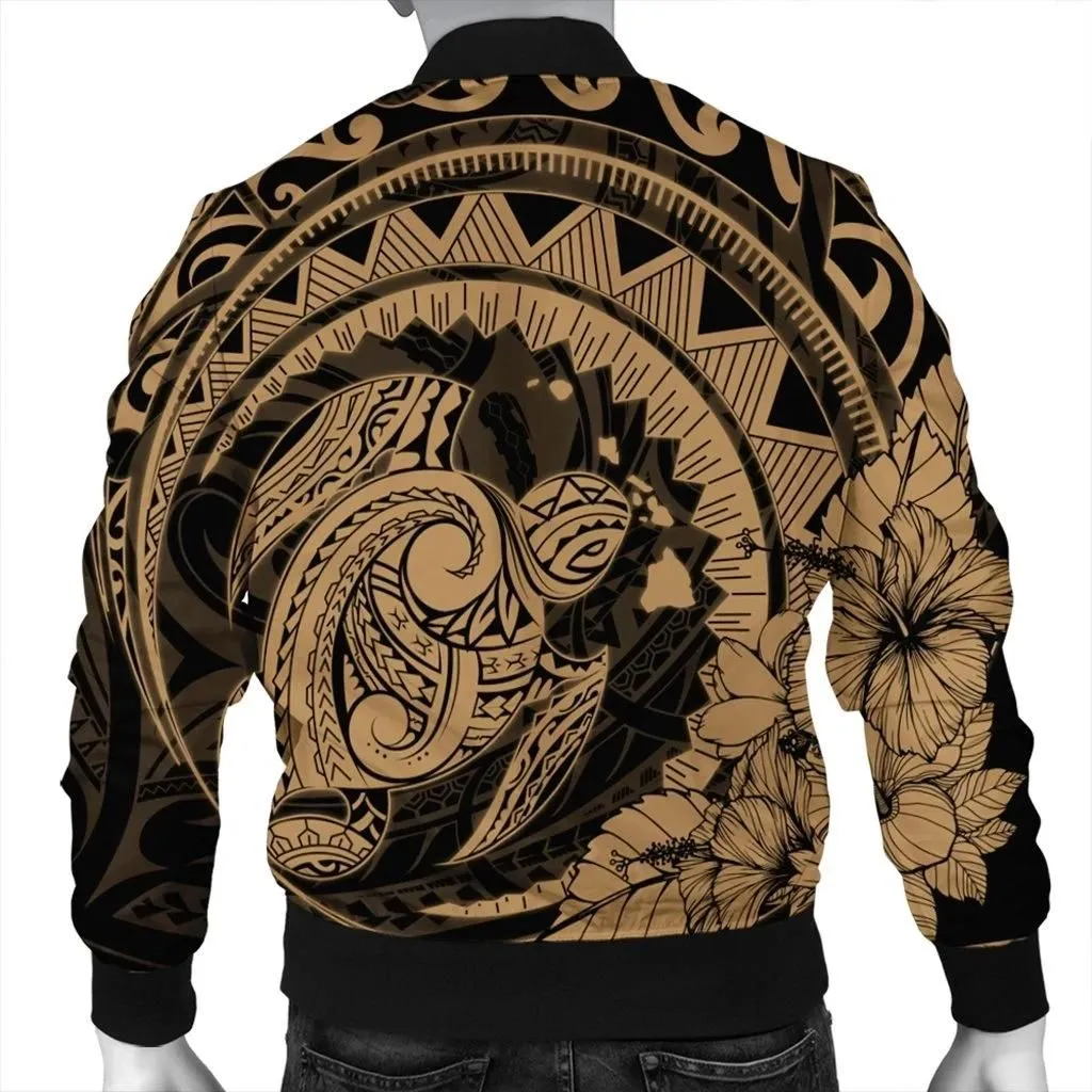 FamilyGaterJacket - Hawaiian Kanaka Honu Map Hibiscus Globular Polynesian Gold Bomber Jacket - AH - JR