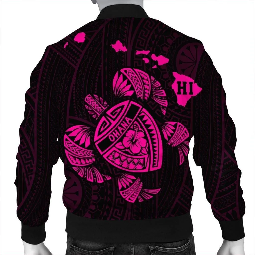 Hawaiian Map Turtle Ohana Hibicus Polynesian Bomber Jacket - Pink