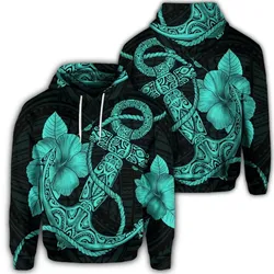 Alohawaii Hoodie - Hawaiian Anchor Poly Tribal Hibiscus Polynesian Hoodie Turquoise - AH - JR