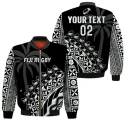 (Custom Text And Number) Fiji Rugby Bomber Jacket Fijian Cibi Dance Tapa Pattern Black LT14