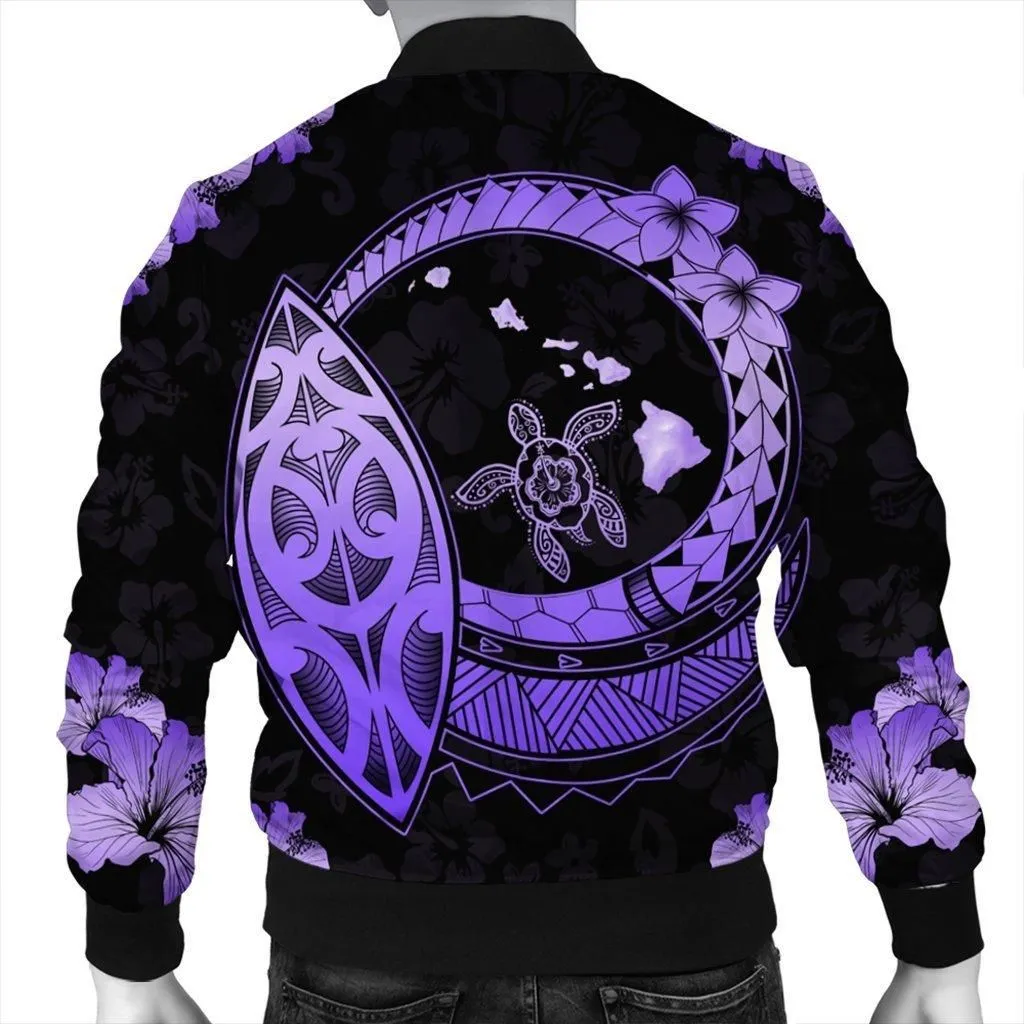 Hawaii Turtle Hibiscus Map Polynesian Bomber Jacket Violet
