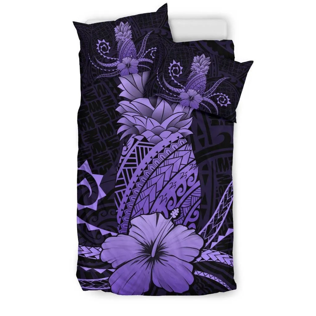 FamilyGater Bedding Set - Cover and Pillow Cases Hawaii Polynesian Pineapple Hibiscus - Zela Style Purple - AH - J4