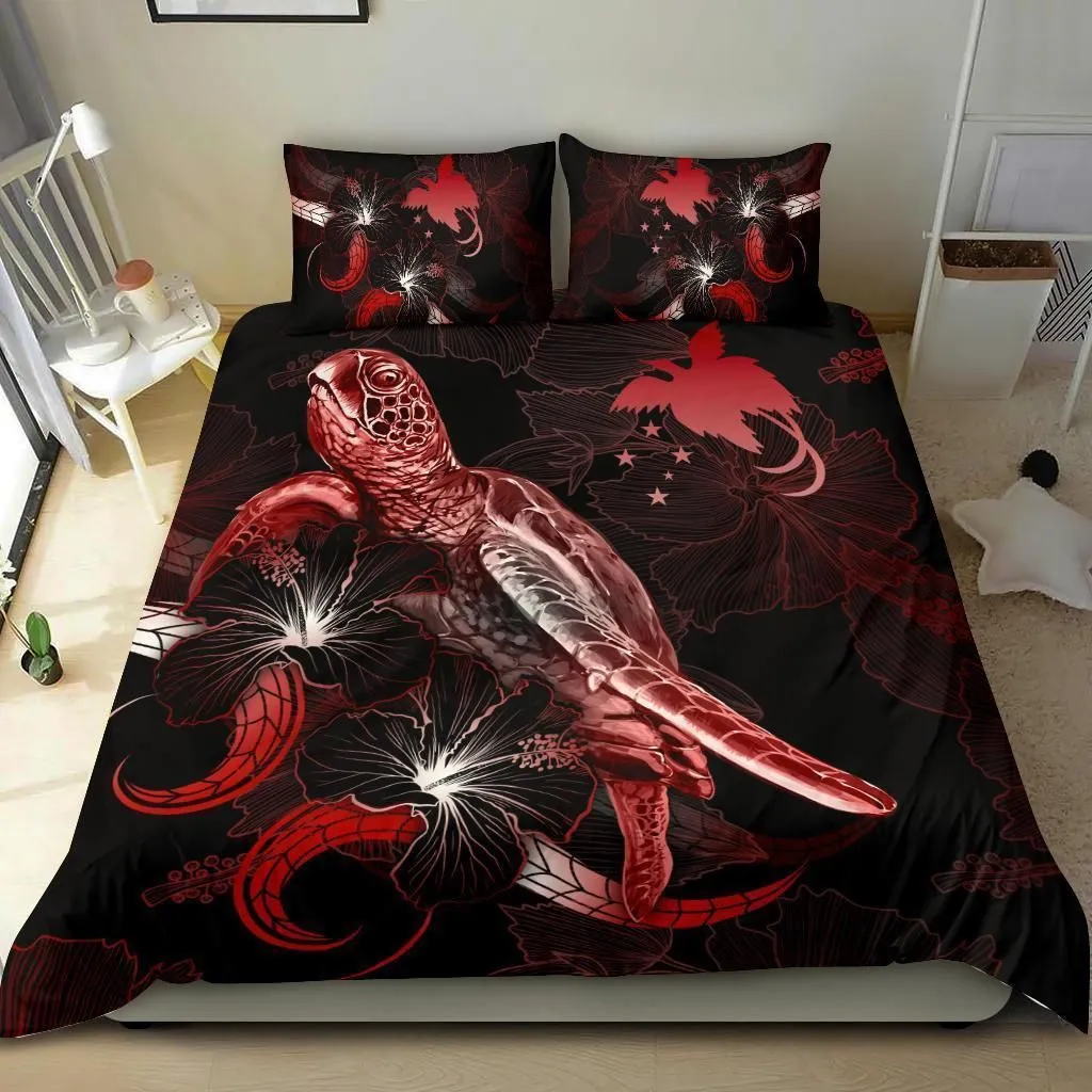 Papua New Guinea Polynesian Bedding Set - Turtle With Blooming Hibiscus Red