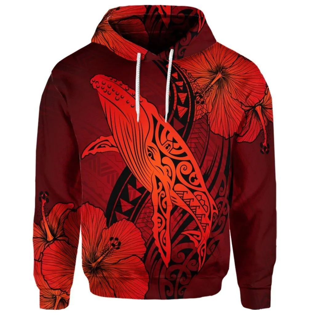 (Personalised) Hawaiian Map Whale Swim Hibiscus Polynesian Hoodie - Red - AH