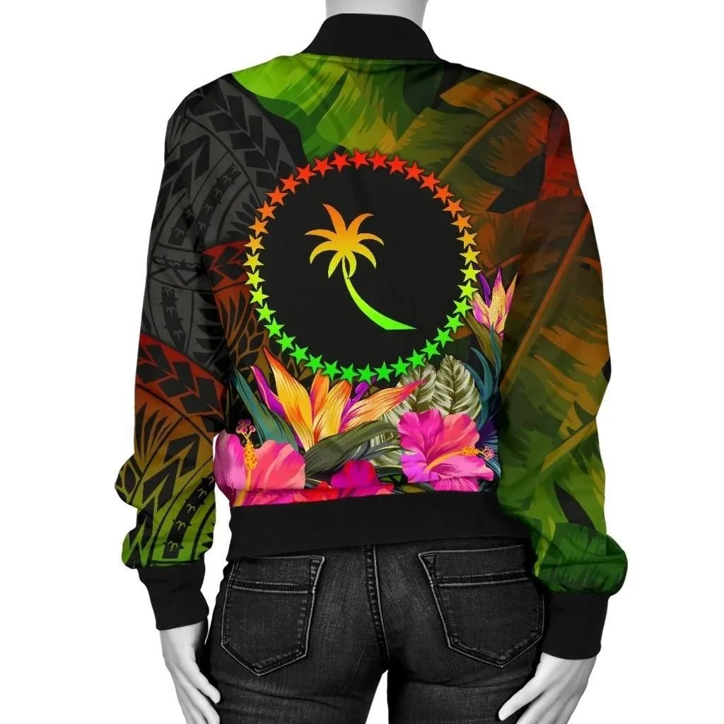 Chuuk Polynesian Personalised Women's Bomber Jacket -  Hibiscus and Banana Leaves - BN15