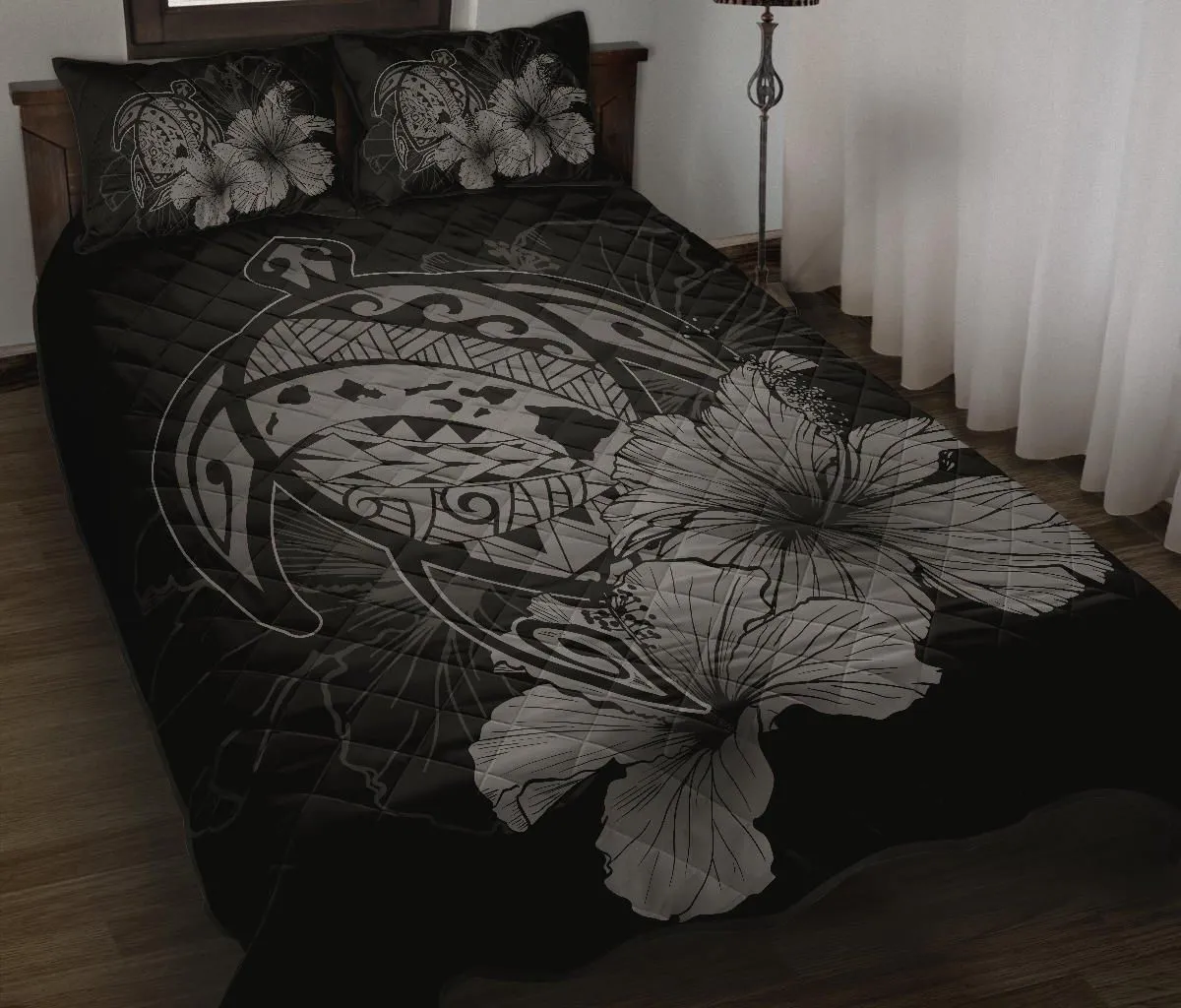 Alohawaii Home Set - Hawaiian Map Turtle Hibiscus Polynesian Quilt Bedding Set - Gray - AH J9