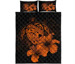 Hawaiian Map Turtle Hibiscus Polynesian Quilt Bedding Set - Orange