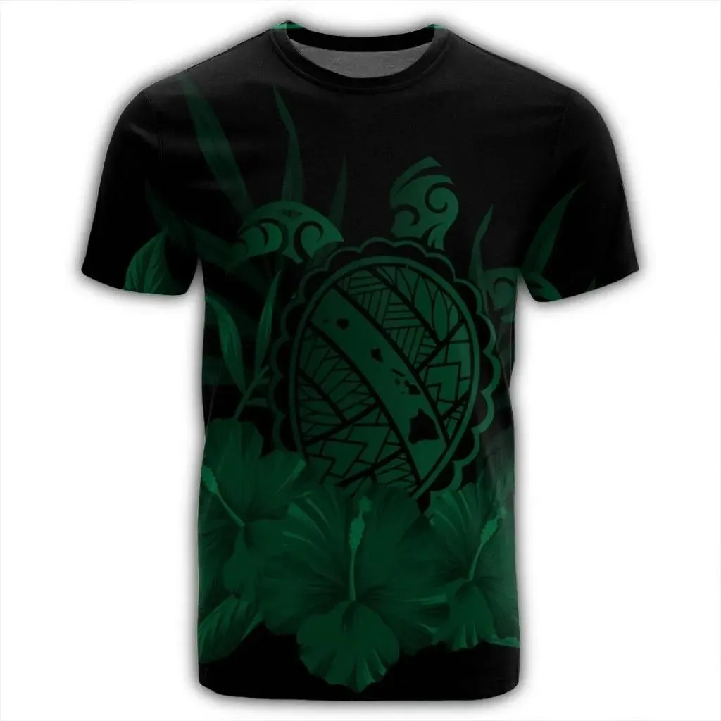 Alohawaii Tee - Hawaiian Map Turtle Hibiscus Polynesian T-shirt Green - AH - J4R