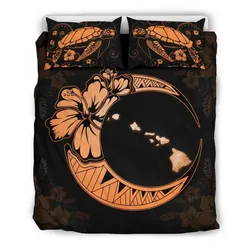 Alohawaii Home Set - Hawaiian Map Hibiscus Turtle Polynesian Moon Bedding Set Orange - AH - J1