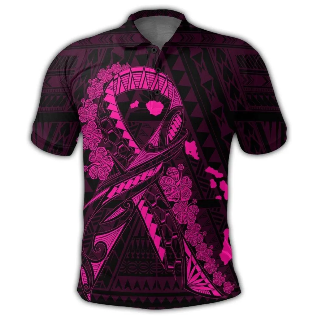 Hawaiian Map Heart Ribbon Cancer Hibiscus Pink Polynesian Polo Shirt - AH