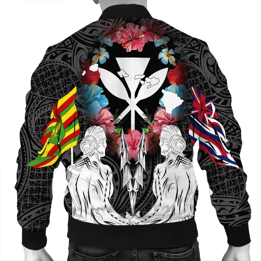 FamilyGater Jacket - Hawaii Map Kanaka Two Men Holding Flag Bomber Jacket - AH - J5R