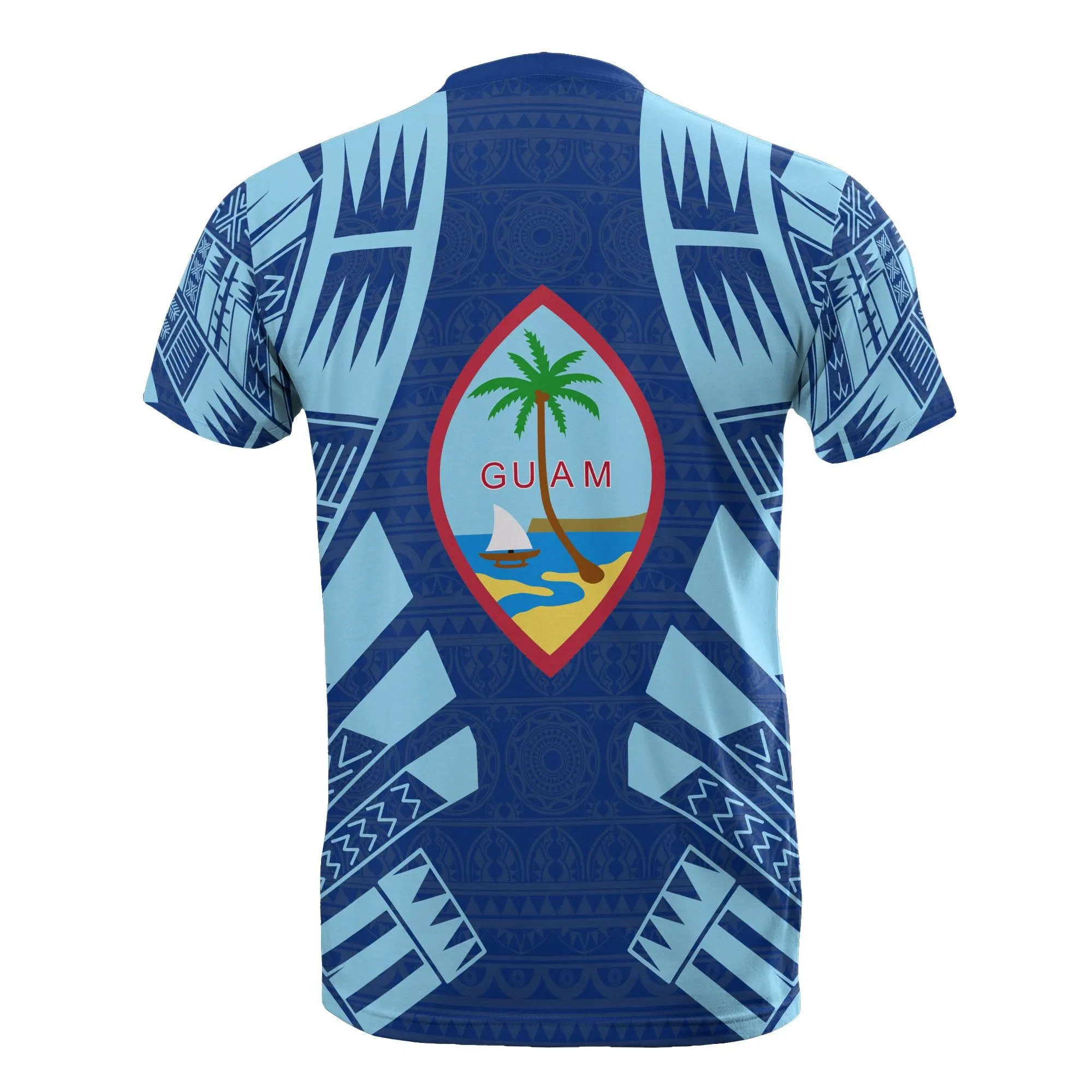 Guam T shirt - Guam Coat of Arms Polynesian Tattoo Blue Style