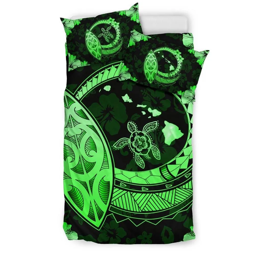 Hawaiian Map Hibiscus Plumeria Turtle Polynesian Bedding Set Green