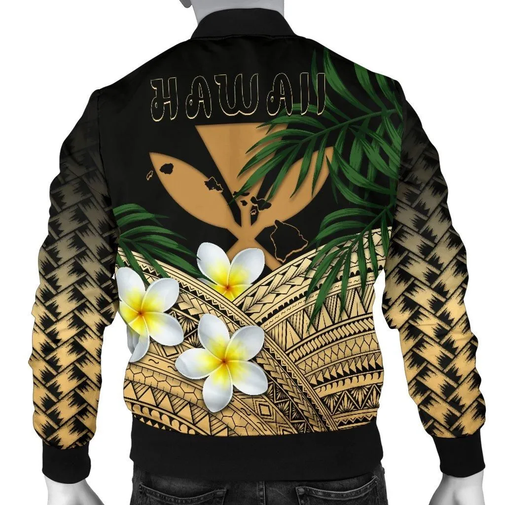 Kanaka Maoli (Hawaiian) Mens Bomber Jacket, Polynesian Plumeria Banana Leaves Gold