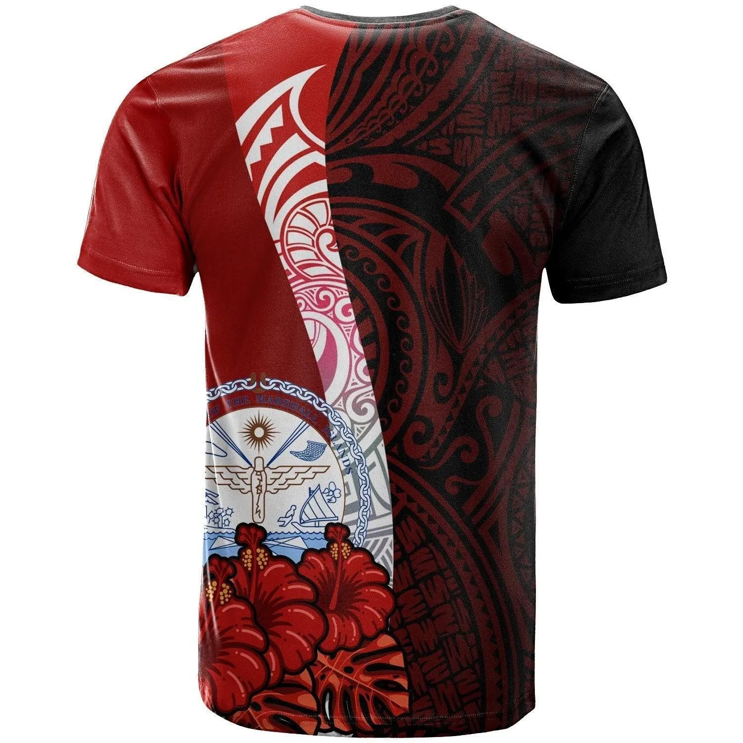 Marshall Islands Polynesian Custom Personalised T Shirt - Coat Of Arm With Hibiscus