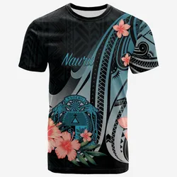 Nauru T shirt - Turquoise Polynesian Hibiscus Pattern Style