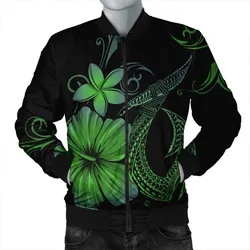 Hawaiian Fish Hook Hibiscus Plumeria Polynesian Bomber Jacket - Green