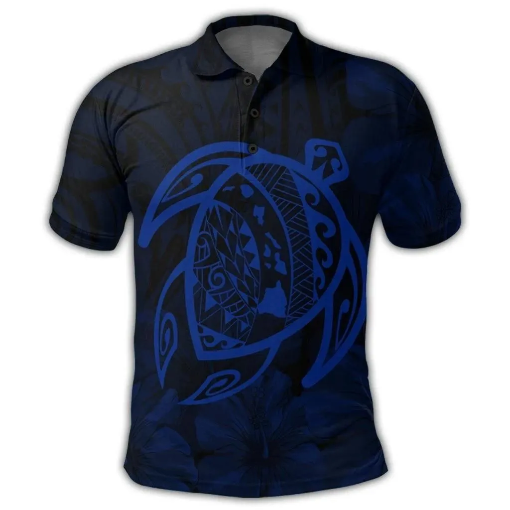 Alohawaii Shirt - Hawaiian Map Turtle Kanaka Hibiscus Polynesian Polo Shirt - Blue - AH - J4R