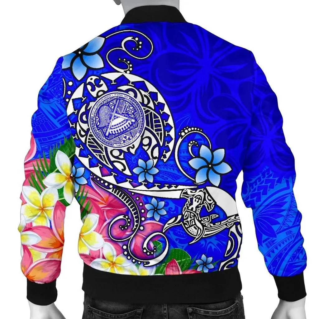 American Samoa Polynesian Men's Bomber Jacket - Turtle Plumeria (Blue) - BN18