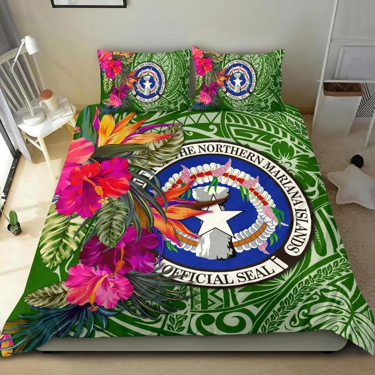 Northern Mariana Islands Bedding Set - Saipan Hibiscus Polynesian Pattern Green Version