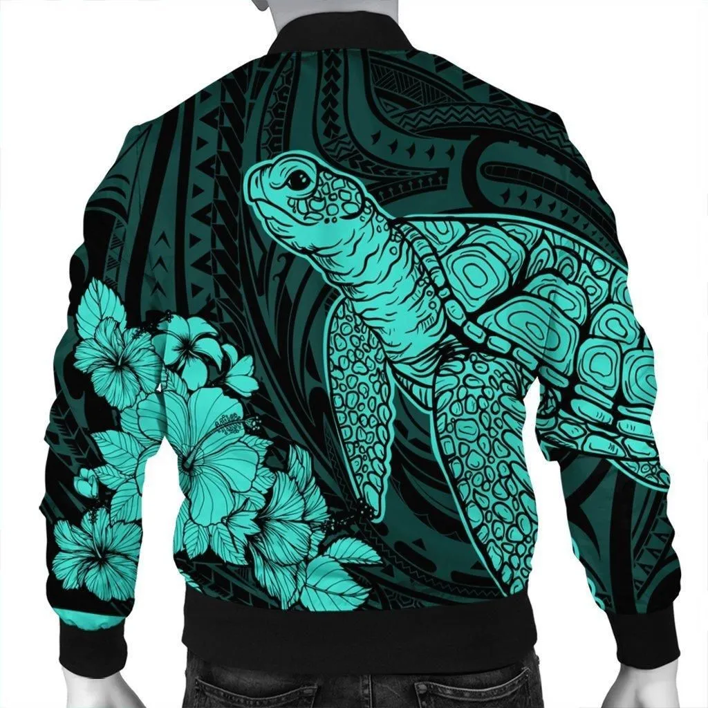 Hawaiian Hibiscus Memory Turtle Polynesian Bomber Jacket Turquoise