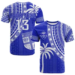 Custom Text and Number Fiji Rugby Sevens T Shirt Fijian 7s Tapa Polynesian Blue Ver.02 LT13