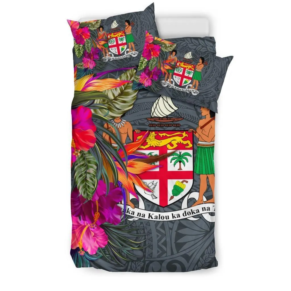 Fiji Bedding Set - Hibiscus Polynesian Pattern Gray Version
