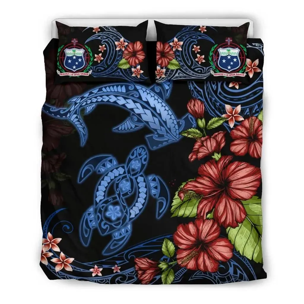 Samoa Bedding Set Turtle And Shark Polynesian Hibiscus TH5
