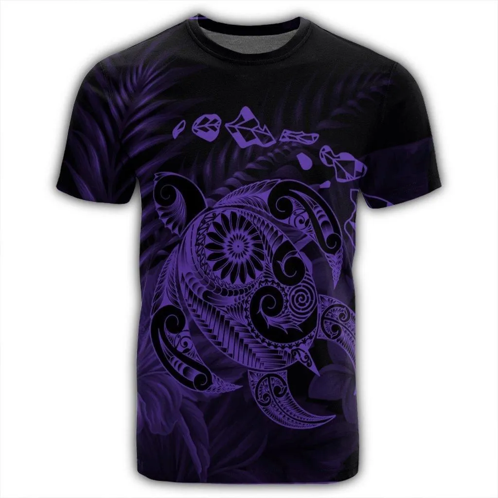 Hawaiian Map Turtle Tattoo Hibiscus Plumeria Polynesian T-Shirt - Purple - AH