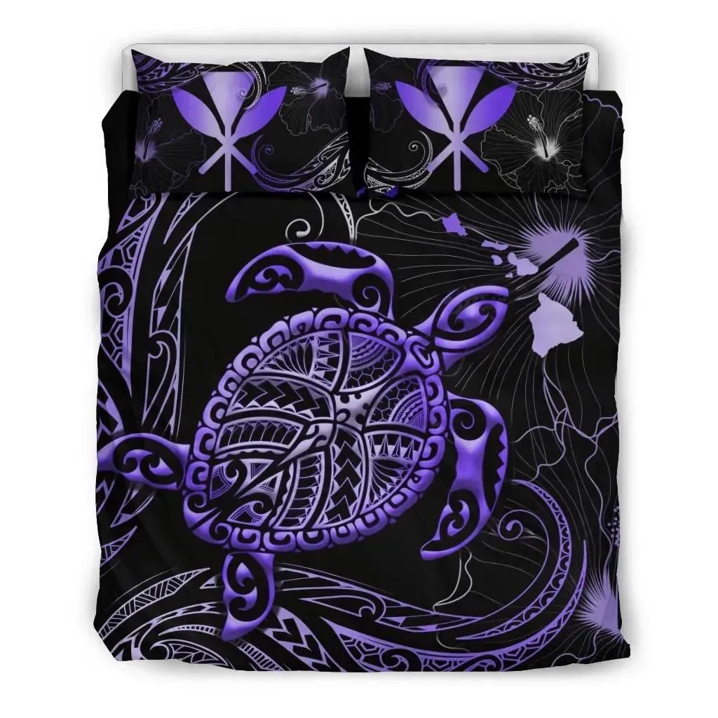 FamilyGater Bedding Set - Cover and Pillow Cases Kanaka Maoli Hawaiian Map - Turtle Polynesian Hibiscus Purple K4