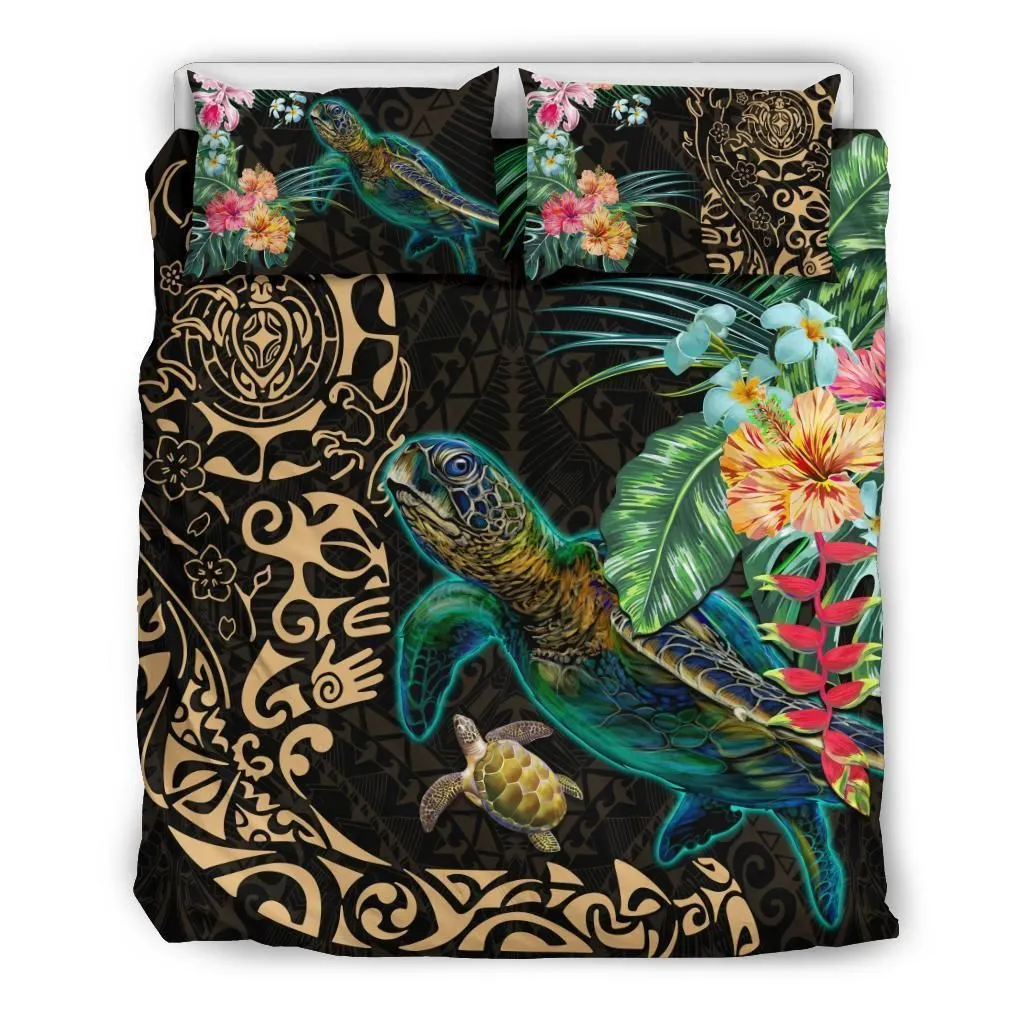 Tiki Polynesian Bedding Set Turtle Hibiscus - Gold