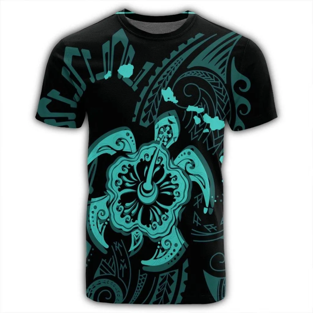 Hawaiian Map Kanaka Hibiscus Turtle Turquoise Polynesian T-Shirt - AH
