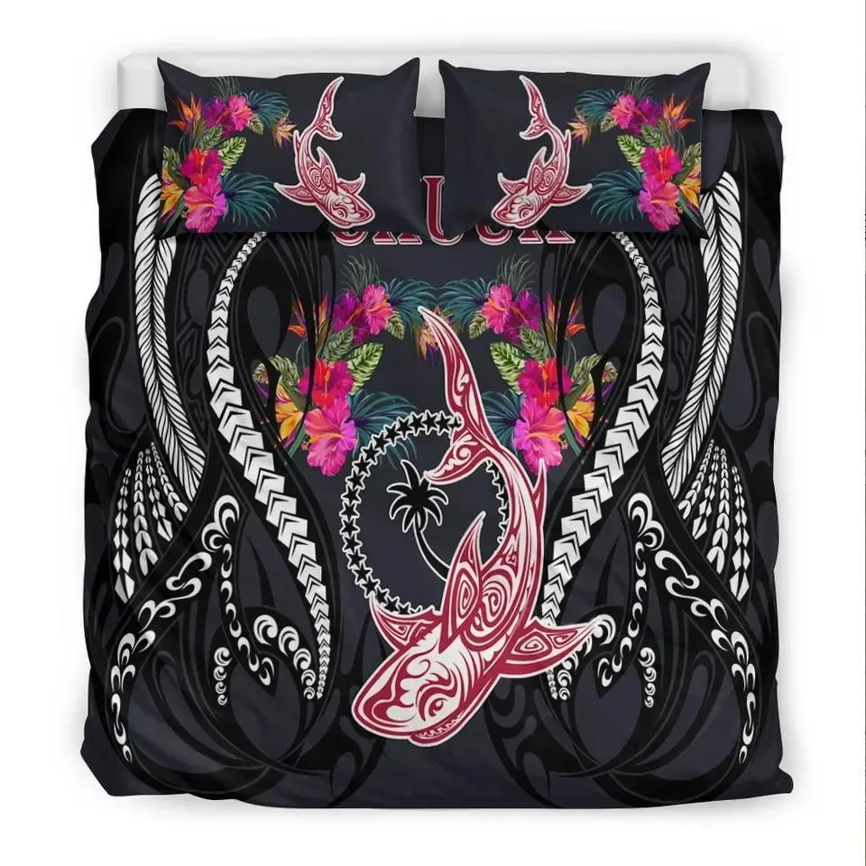 Vibe Hoodie Chuuk Bedding Set - Polynesian Shark Hibiscus Flower