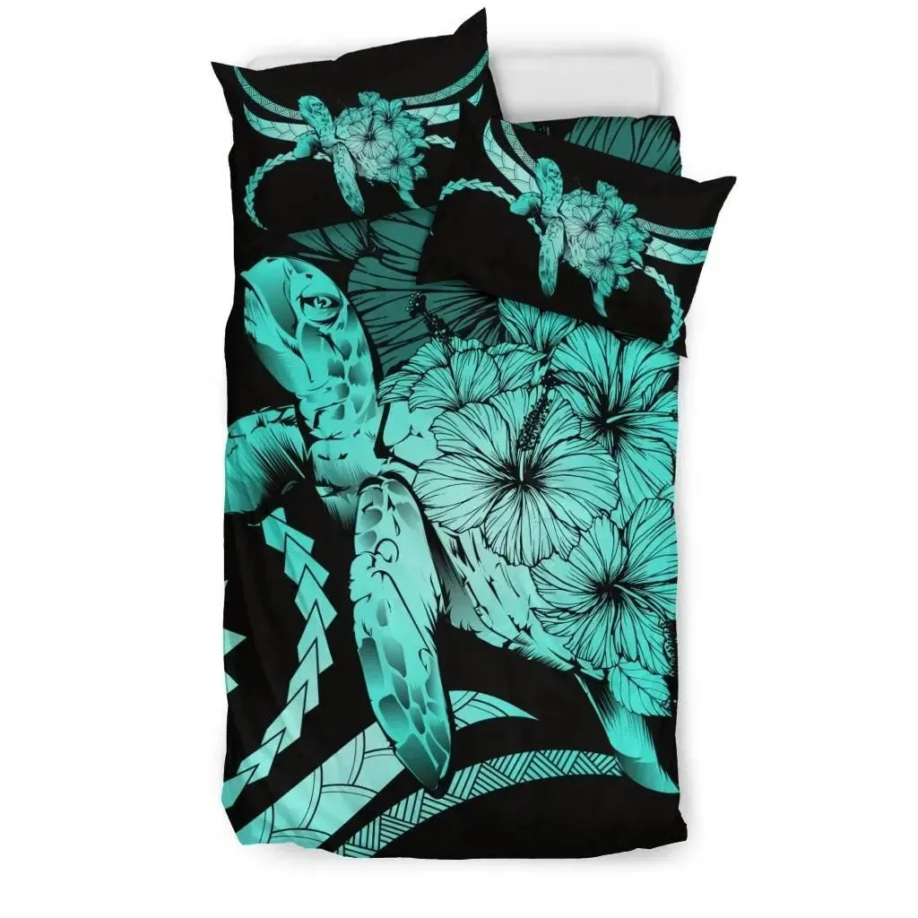 Alohawaii Home Set - Hawaii Turtle Hibiscus Polynesian Vintage Bedding Set - Turquoise - AH - J4