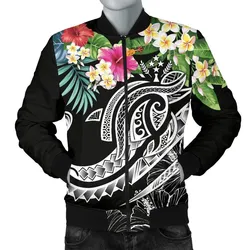Kosrae Polynesian Mens Bomber Jacket - Summer Plumeria (Black)