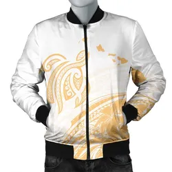 Hawaii Turtle Polynesian Map Plumeria White Background Bomber Jacket - AH