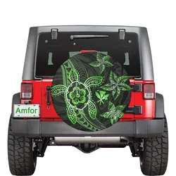 Kanaka Map Hibiscus Plumeria Turtle Art Green Polynesian Spare Tire Cover AH