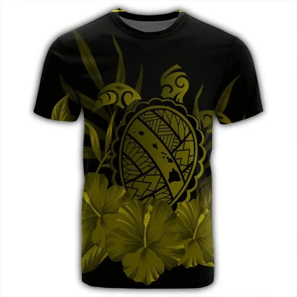 Alohawaii Tee - Hawaiian Map Turtle Hibiscus Polynesian T-shirt Yellow - AH - J4R