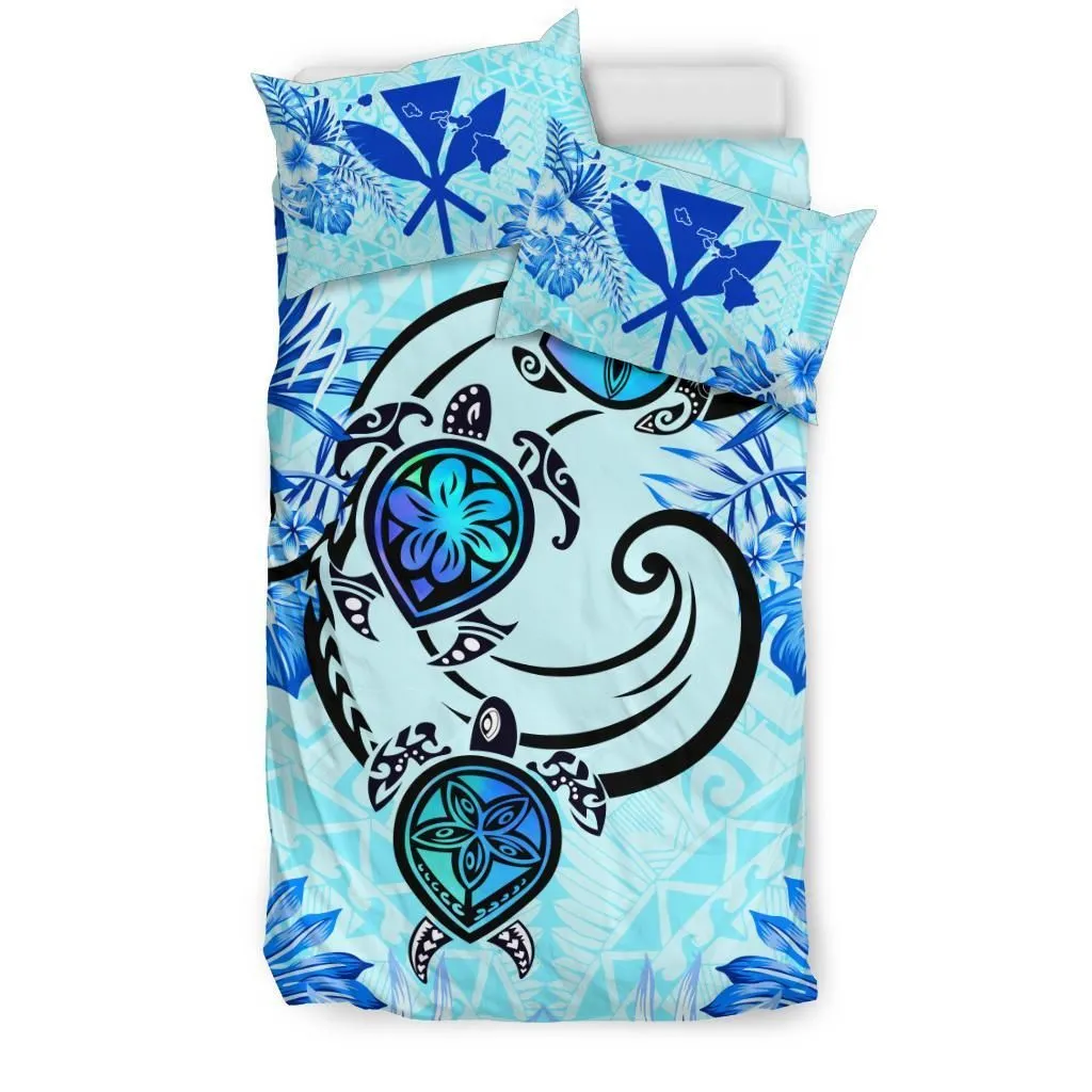 Hawaii Polynesian Plumeria Hibiscus Turtle Bedding Set - AH - Jack Style - Blue