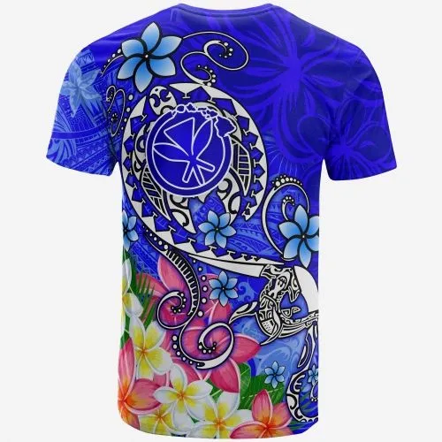 Hawaii T-shirt - Turtle Plumeria Polynesian Tattoo Blue Color