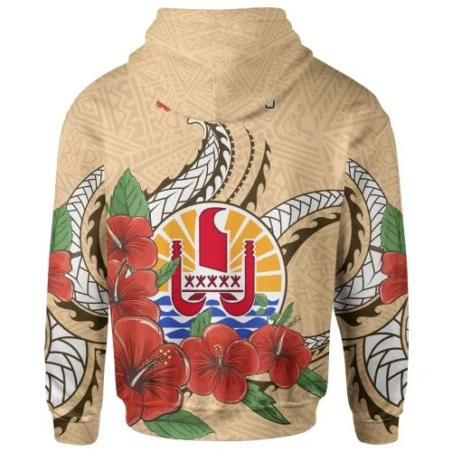 Tahiti Polynesian Hoodie - Hibiscus Coat of rm Beige