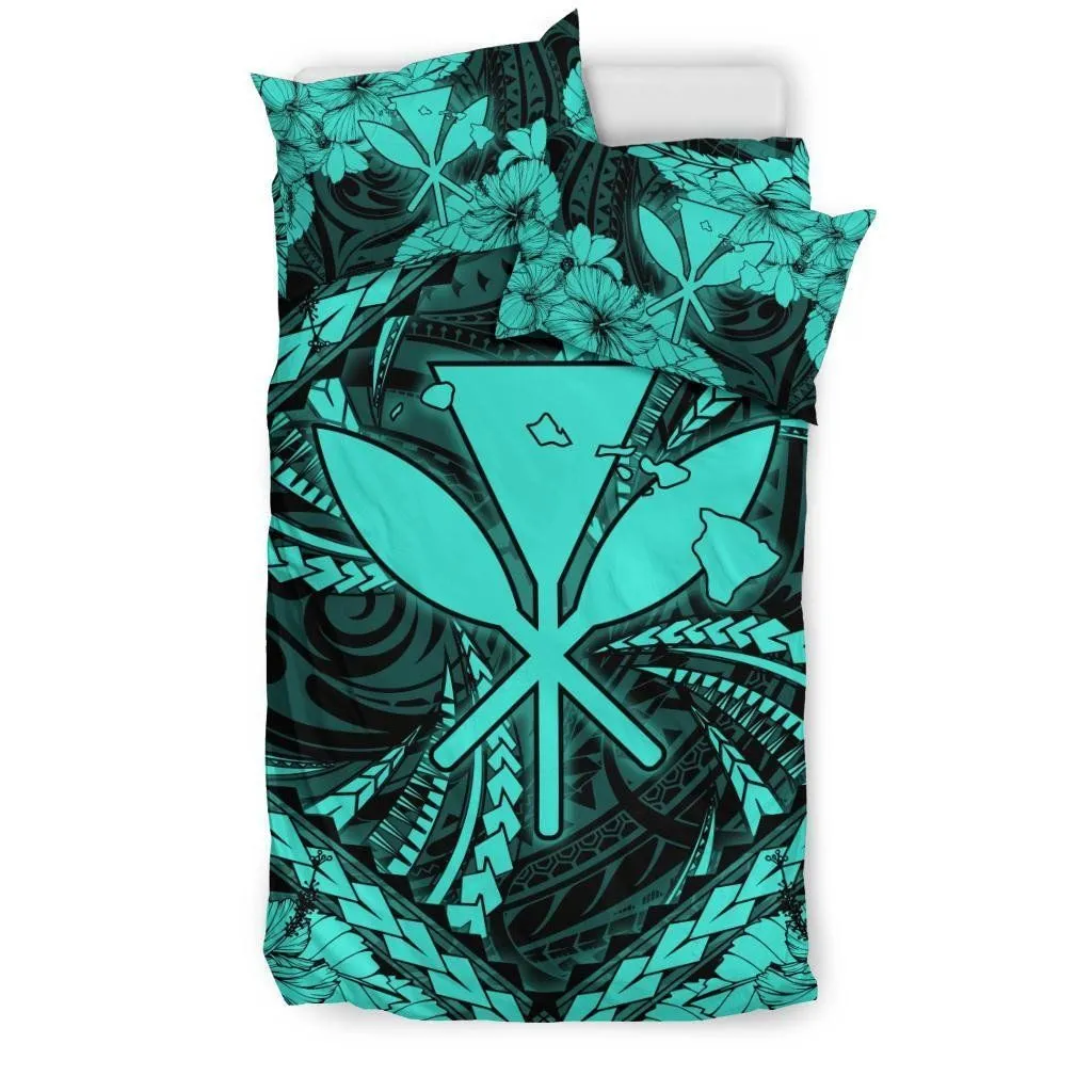 Hawaiian Map Kanaka Hibiscus Turquoise Polynesian Bedding Set - AH - JD