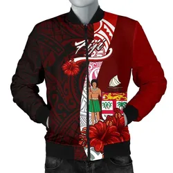 Fiji Polynesian Mens Bomber Jacket - Coat Of Arm With Hibiscus
