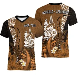 (Custom Personalised) New Caledonia V-Neck T Shirt Nautilus Gold Polynesian Hibiscus LT13