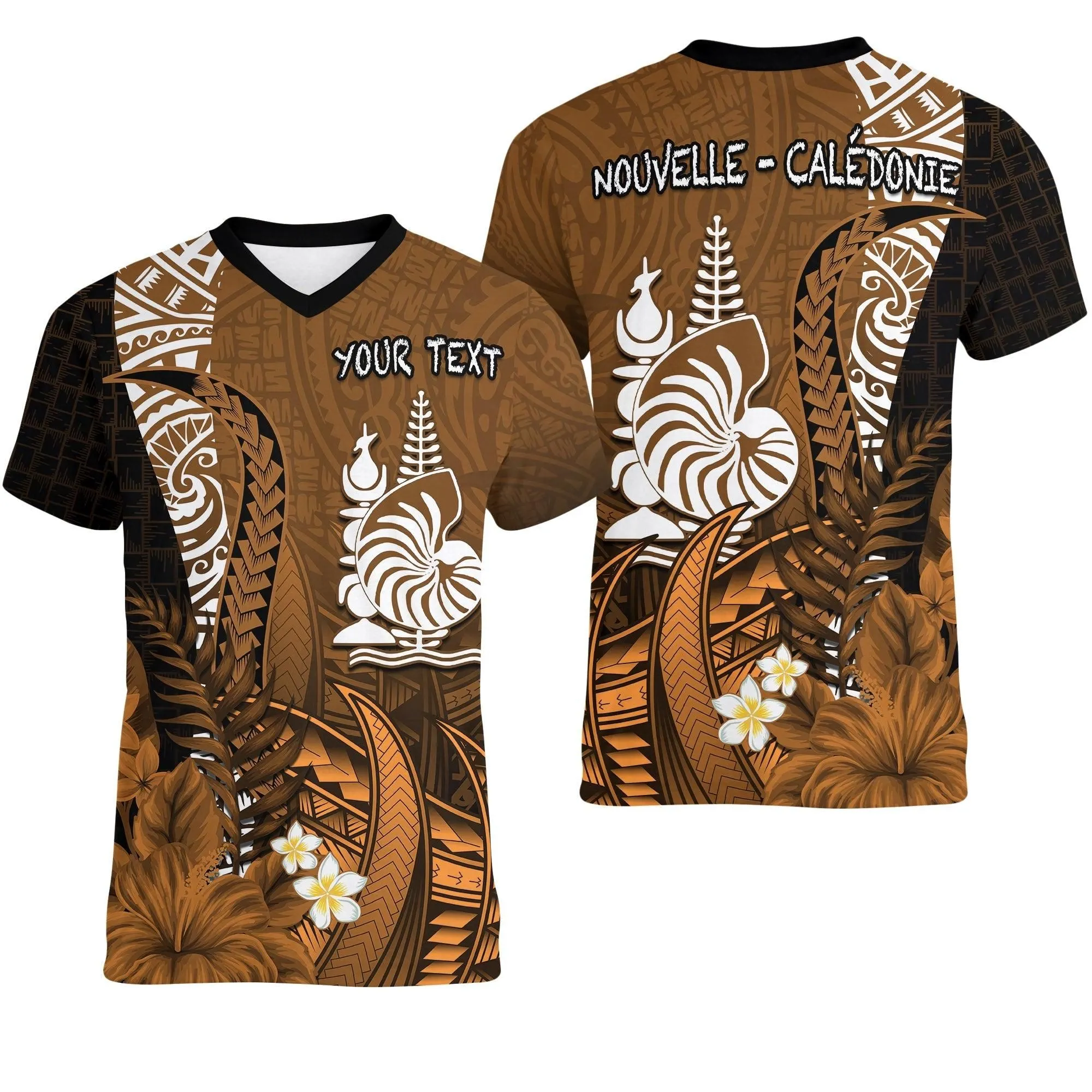 (Custom Personalised) New Caledonia V-Neck T Shirt Nautilus Gold Polynesian Hibiscus LT13